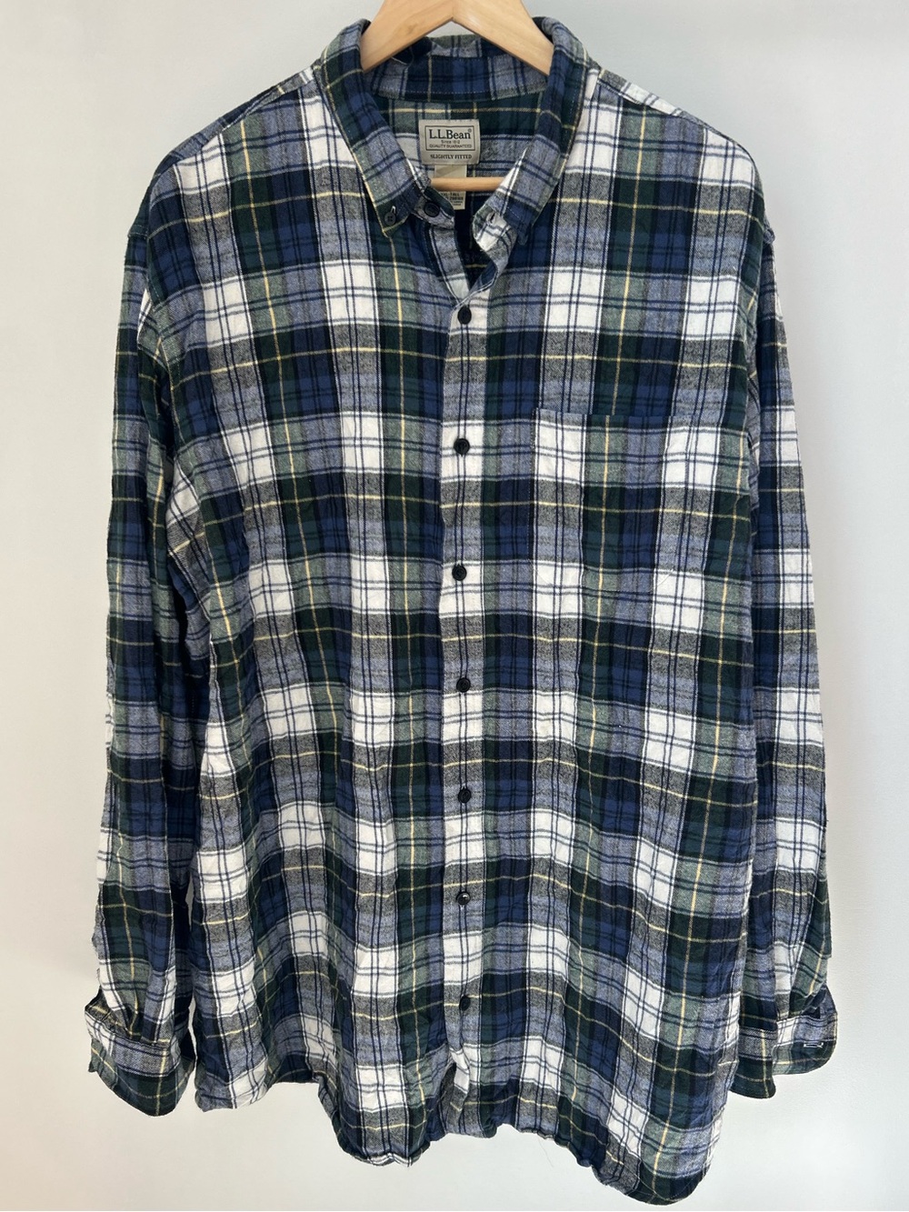 L.L.Bean XXL Tall Plaid Flannel Shirt 100% Cotton Blue Green White